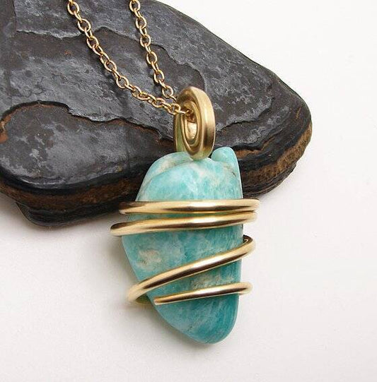 Amazonite Set In Merlin's Gold Forged Wrap Pendant #25, 17.4 Grams