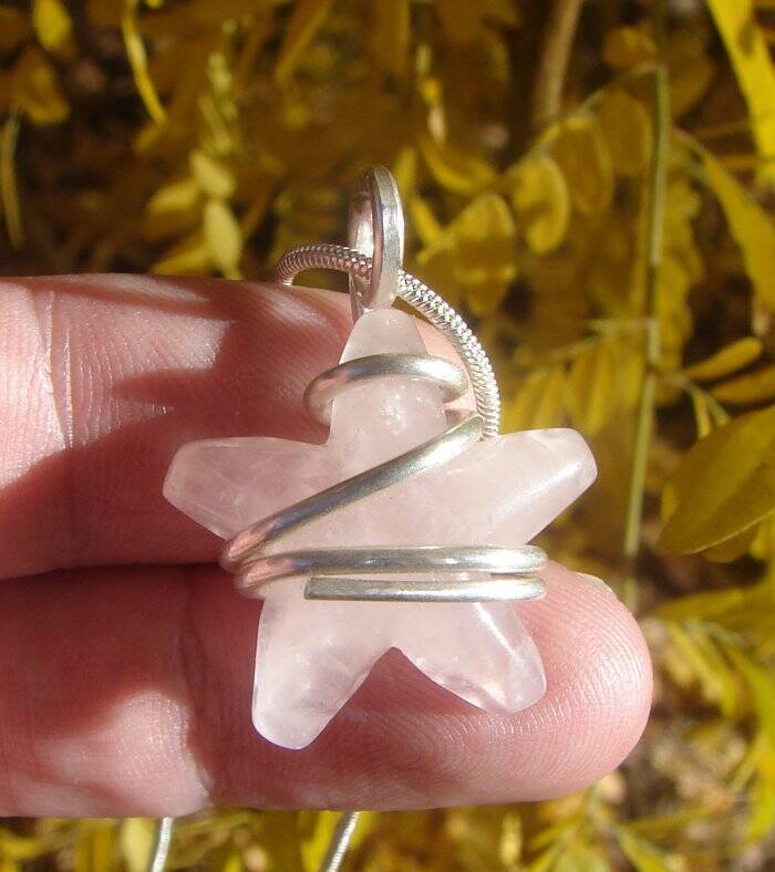 Rose Quartz Love Star Necklace Pendant, Sterling Silver, Heart Chakra #13