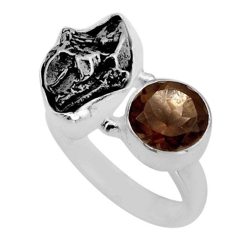 GIBEON Meteorite & Smoky Topaz Ring - Size 6.5 Space Astronomy Natural 10.03 ct