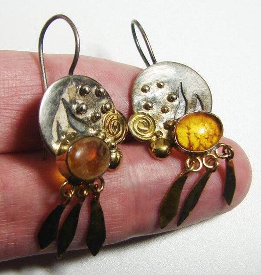 Collector's Vintage Silver Gold Gemstone Amber Shield Two Tone Earrings