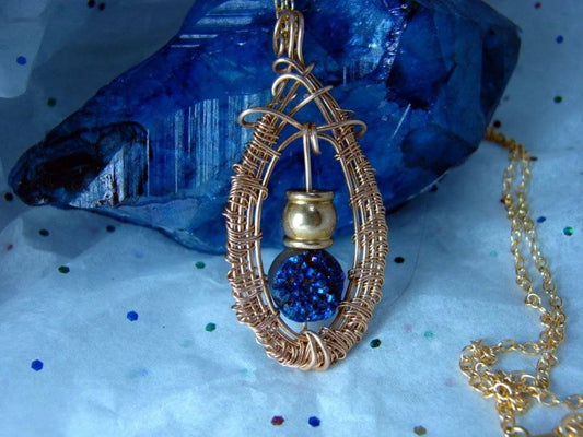 BRONZE COBALT BLUE DRUZY DRUSY PENDANT 16" Chain METAPHYSICAL 1