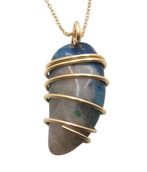 AJOITE IN QUARTZ, SHATTUCKITE, CHRYSOCOLLA PENDANT IN MERLIN'S GOLD 3051