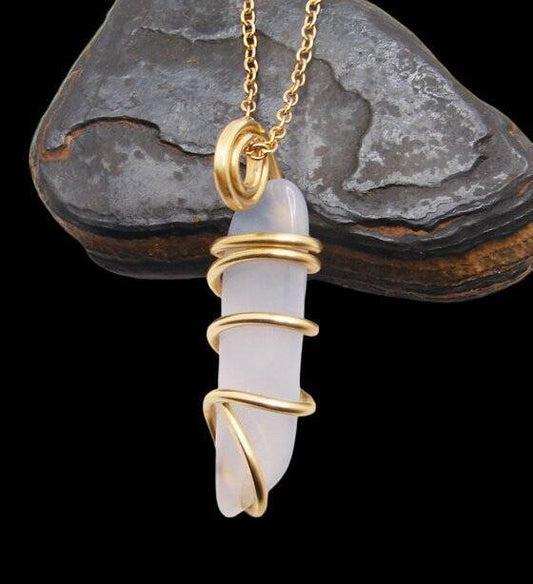 Calming Energy Blue Chalcedony Pendant Merlin's Gold Bronze #106