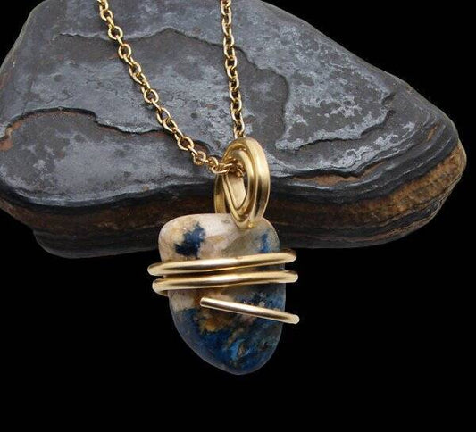 Rare Natural Lazulite Hand Forged Art Wrap Pendant Merlin's Gold #115