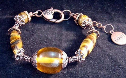 Genuine Amber Bracelet with Tiger's Eye and Love Charm