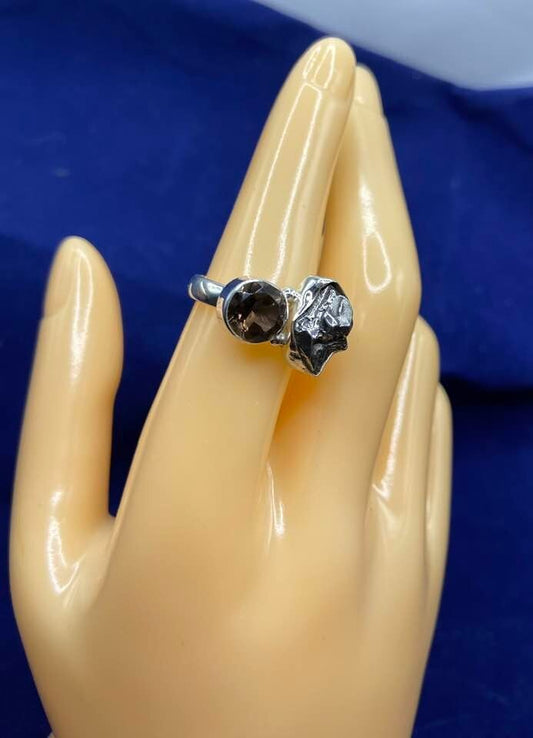 GIBEON Meteorite & Smoky Topaz Ring - Size 6.5  Space Astronomy Natural 10.03 ct