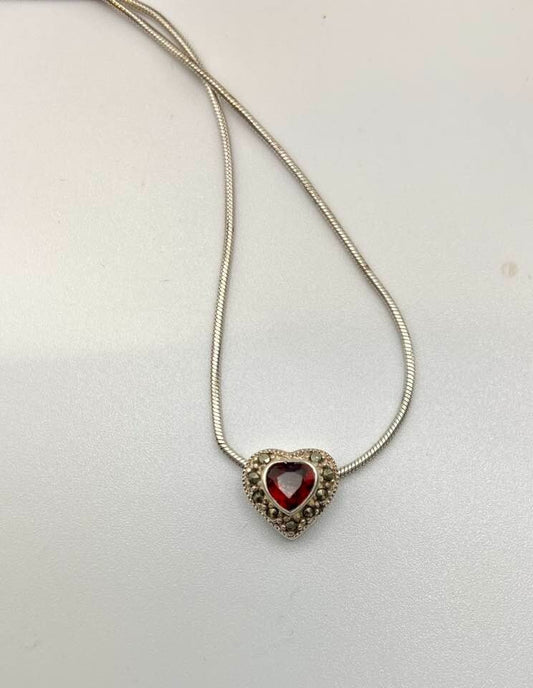 Vintage Sterling Silver Garnet Marcasite Red Heart Pendant Necklace