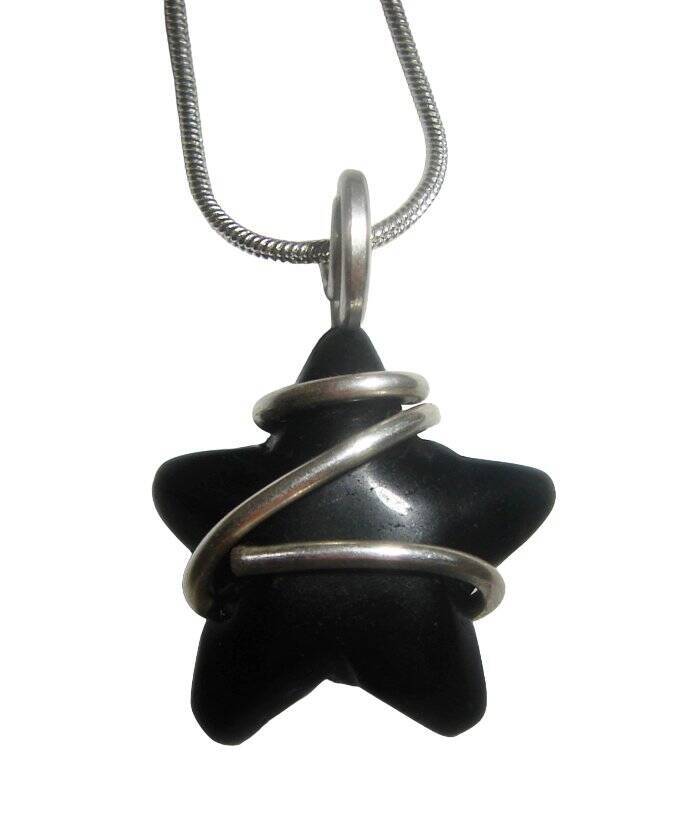 Black Onyx Star Cauldron wrapped Pendant, Witchy jewelry, Sterling Silver 10