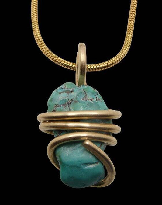 Gorgeous Hand Forged Natural Blue Turquoise Pendant Bronze Merlin's Gold #56