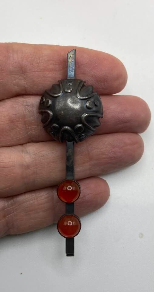 Cool Antique Genuine Amber Sterling Silver Brooch Art Deco Bar Brooch 1940s