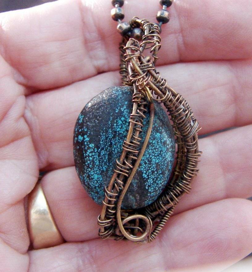Blue Turquoise Artisan Made Pendant Antique Copper Chain Kay Nelsen
