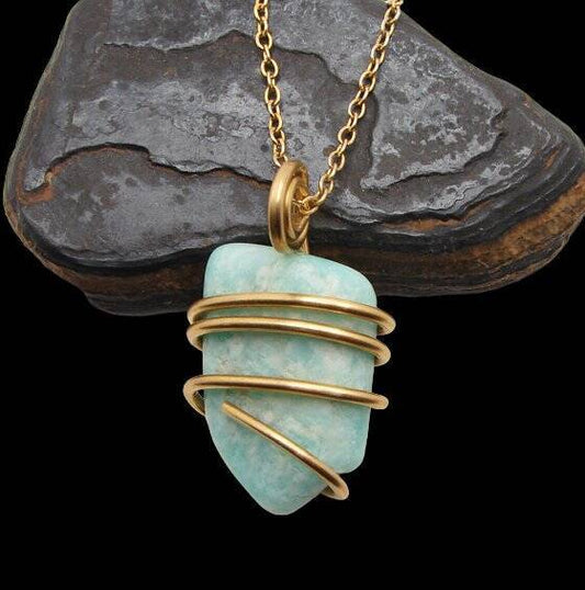 Amazonite Set In Merlin's Gold Forged Wrap Pendant #15, 9.8 Grams