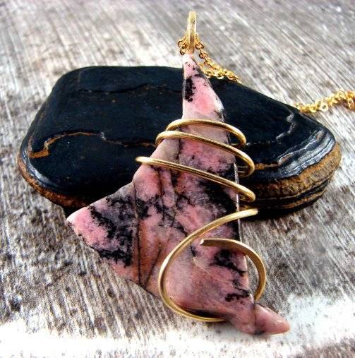Rose Pink Electric Rhodonite Necklace in Bronze Merlin's Gold Love Meditation #3