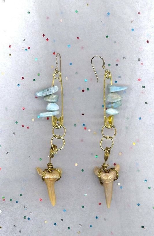 14 kt Gold  Brass Handmade Steampunk Shark Tooth Larimar Earring Set #1