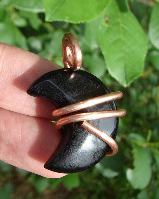 Handmade Jewelry Black Onyx Moon Pendant Real Crystals Amulet Necklace #7