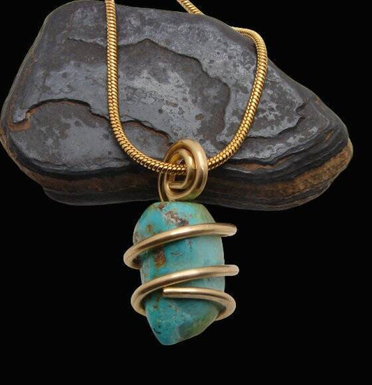 Gorgeous Hand Forged Natural Blue Turquoise Pendant Bronze Merlin's Gold #54