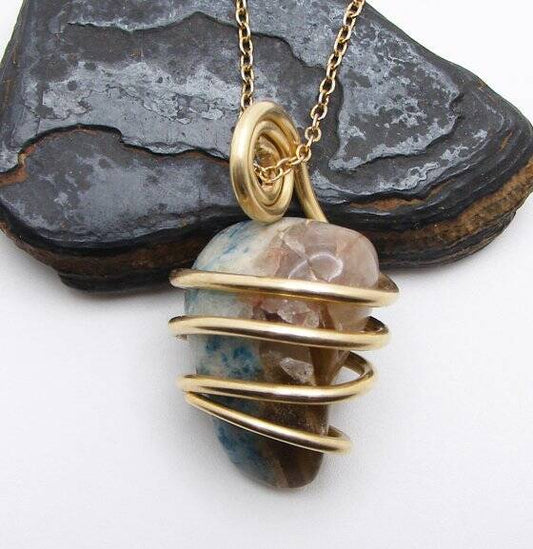 Rare Natural Lazulite Hand Forged Art Wrap Pendant Merlin's Gold #100