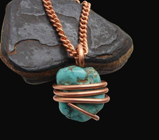 Gorgeous Hand Forged Natural Blue Turquoise Pendant Copper #102