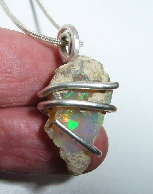 Ethiopian Opal Pendant Necklace, Sterling Raw Opal, October Birthstone #11