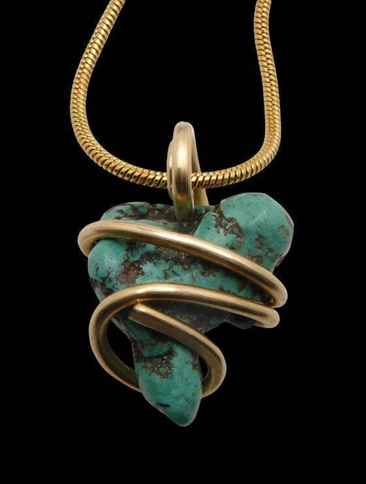 Gorgeous Hand Forged Natural Blue Turquoise Pendant Bronze Merlin's Gold #55