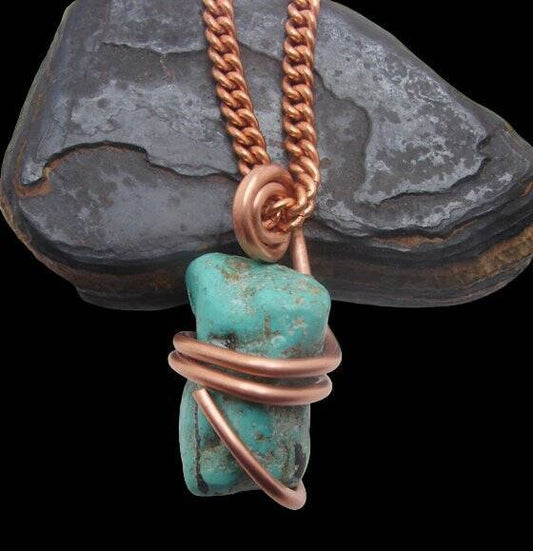 Gorgeous Hand Forged Natural Blue Turquoise Pendant Copper #100