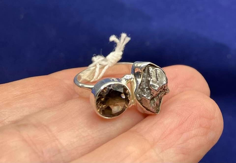 GIBEON Meteorite & Smoky Topaz Ring - Size 6.5  Space Astronomy Natural 10.03 ct