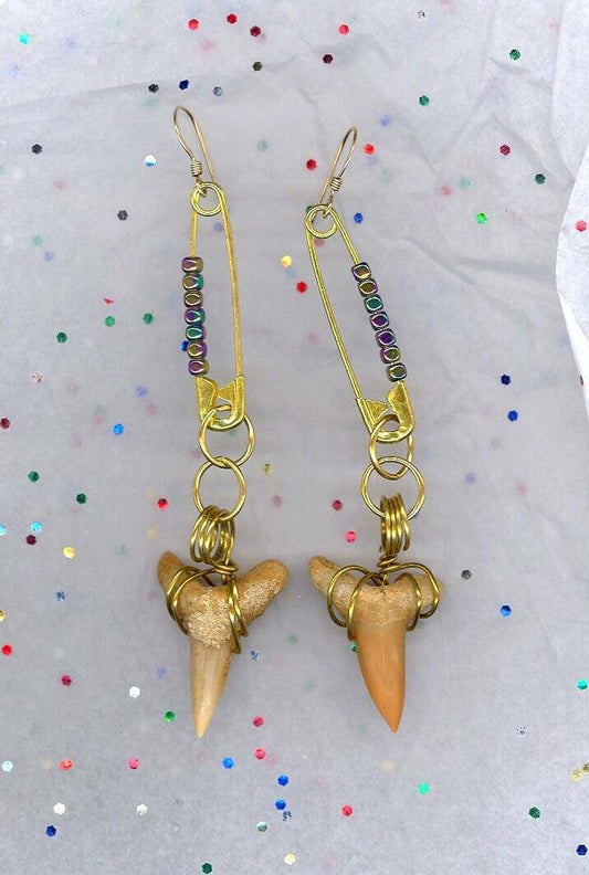 14 kt Gold and Brass Handmade Steampunk  Shark Tooth Hematite Earring Set 2