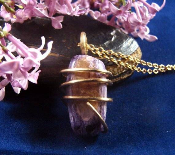 SALE Purple Russian Charoite Pendant Bronze Merlin's Gold #44