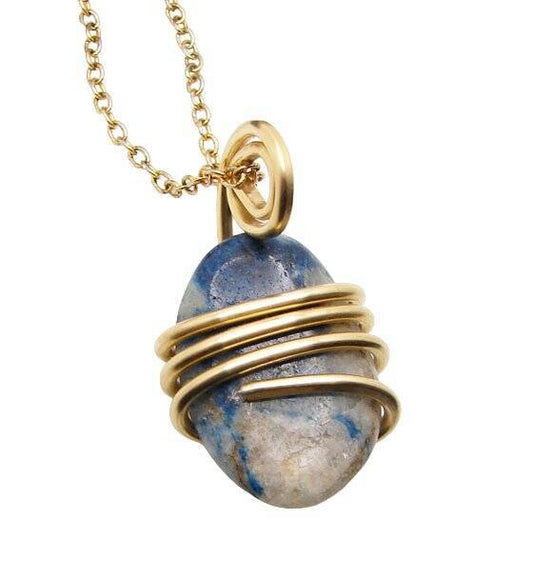 Rare Natural Lazulite Hand Forged Art Wrap Pendant Merlin's Gold #80