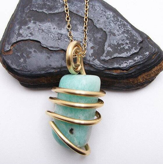 Amazonite Set In Merlin's Gold Forged Wrap Pendant #26, 19.7 Grams