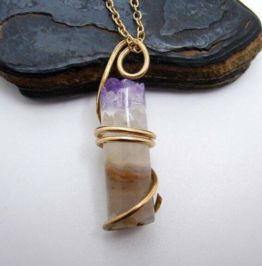 Brazilian Grape Amethyst, Citrine, Clear Quartz Pendant in Merlin's Gold #13