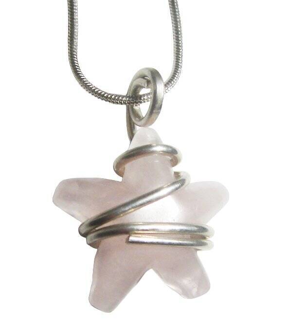Rose Quartz Love Star Necklace Pendant, Sterling Silver, Heart Chakra #13