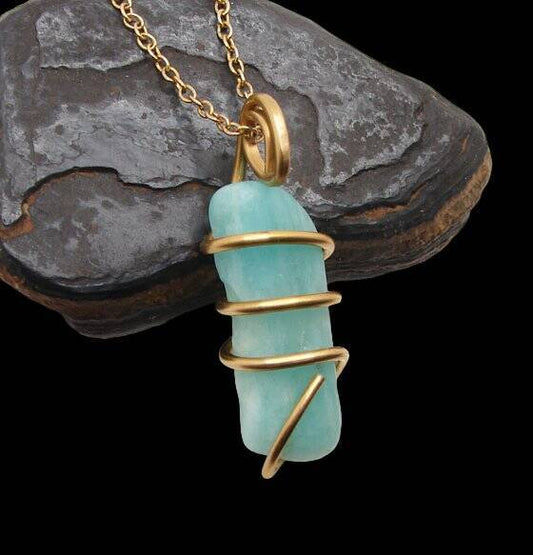 Amazonite Set In Merlin's Gold Forged Wrap Pendant #16, 8.5 Grams