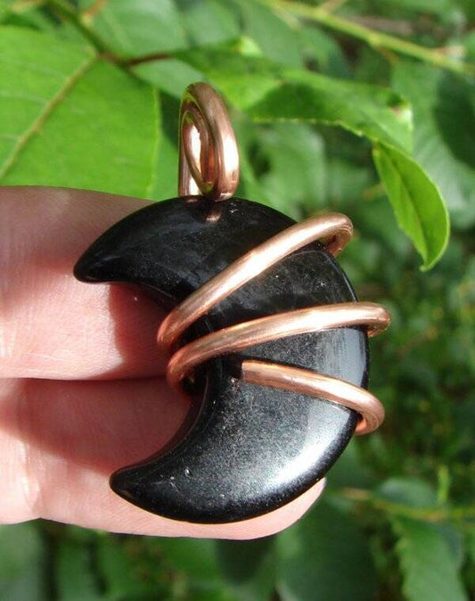 Handmade Crystal Jewelry Black Onyx Moon Pendant Real Crystals Necklace #9