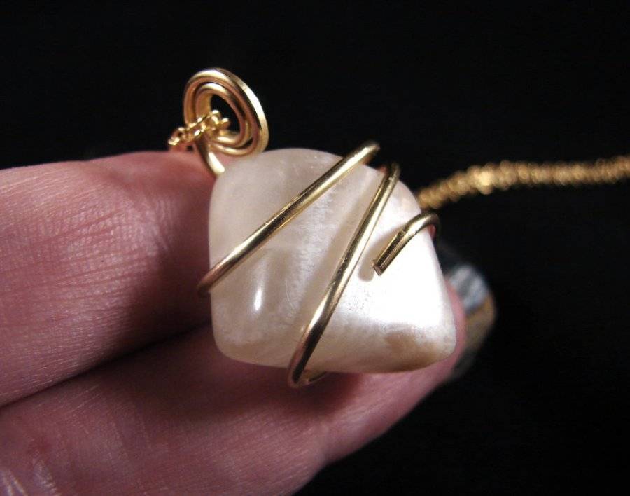 Genuine Crystal Moonstone Forged Wire Wrap Pendant in Bronze Merlin's Gold 8