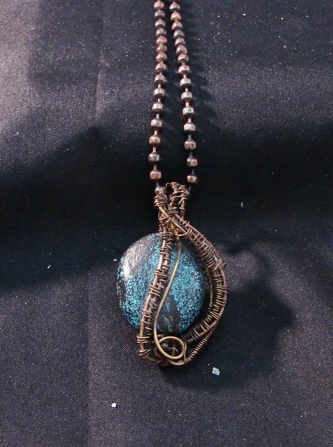 Blue Turquoise Artisan Made Pendant Antique Copper Chain Kay Nelsen