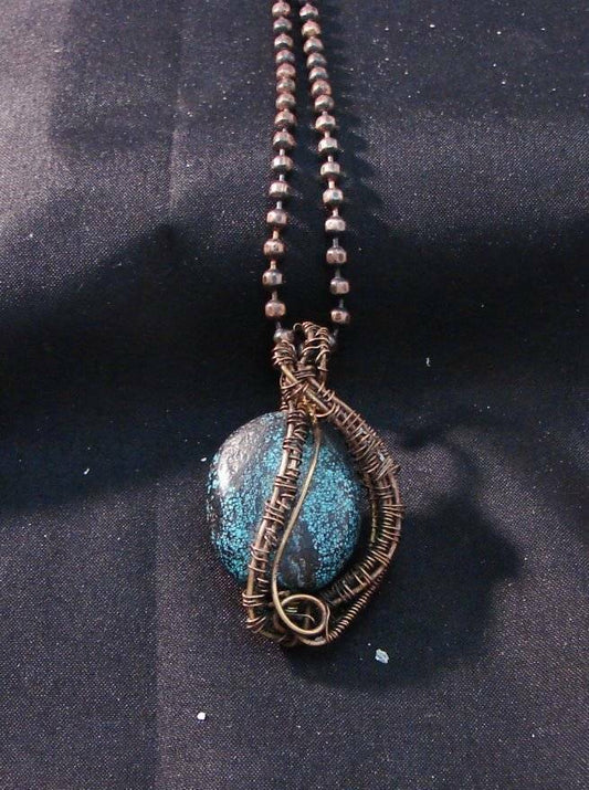 Blue Turquoise Artisan Made Pendant Antique Copper Chain Kay Nelsen