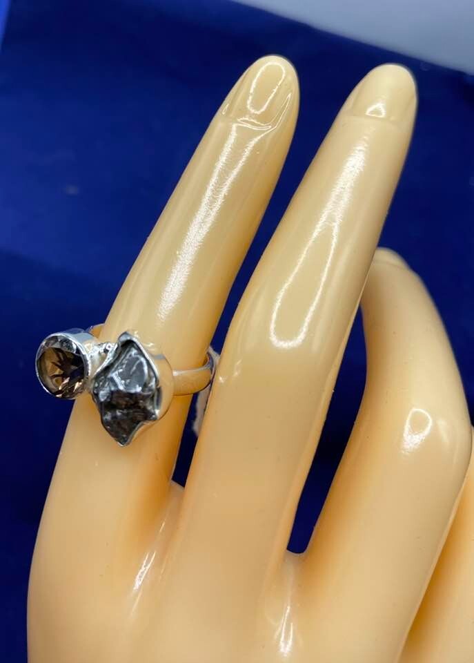 GIBEON Meteorite & Smoky Topaz Ring - Size 6.5 Space Astronomy Natural 10.03 ct