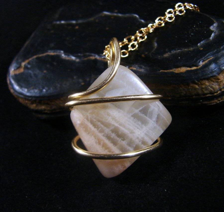 Genuine Crystal Moonstone Forged Wire Wrap Pendant in Bronze Merlin's Gold 8