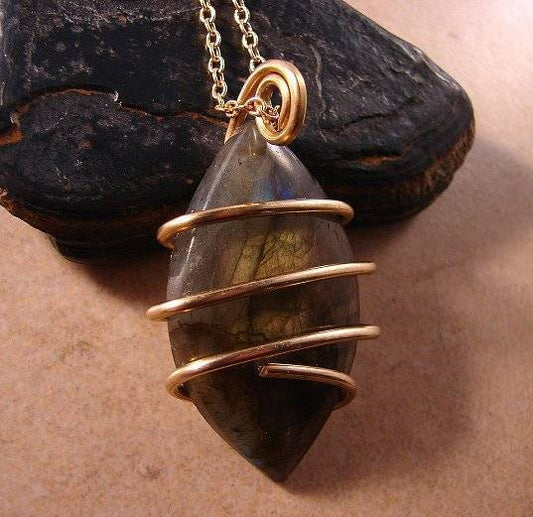 NORTHERN LIGHTS LABRADORITE CRYSTAL PENDANT MERLIN'S GOLD BRONZE 25