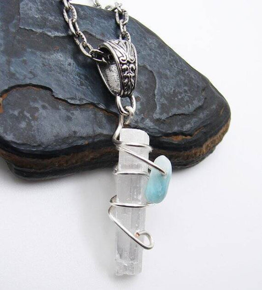ONE LARIMAR SELENITE Wand Pendant Third Eye Crown Chakra Power Crystal #3