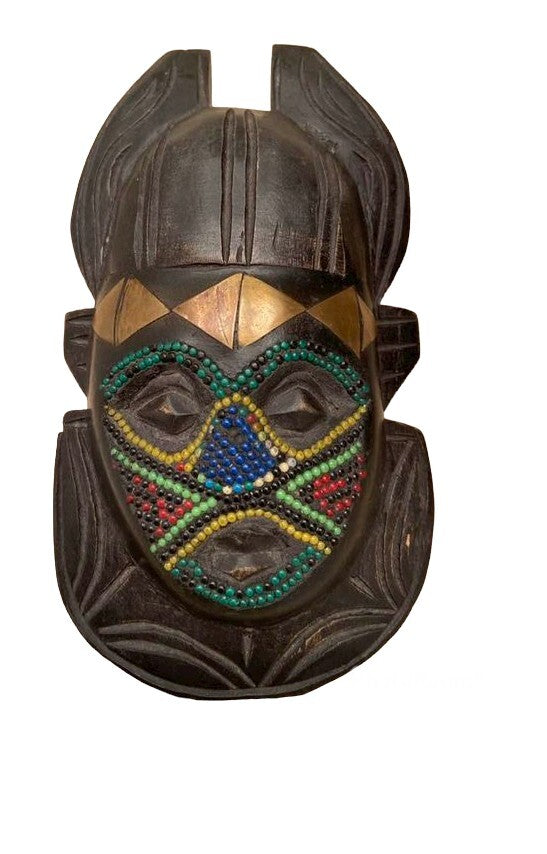 African Beaded Wooden Tribal Oblong Wall Art Mask, Handcrafted with Beads