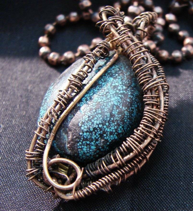 Blue Turquoise Artisan Made Pendant Antique Copper Chain Kay Nelsen