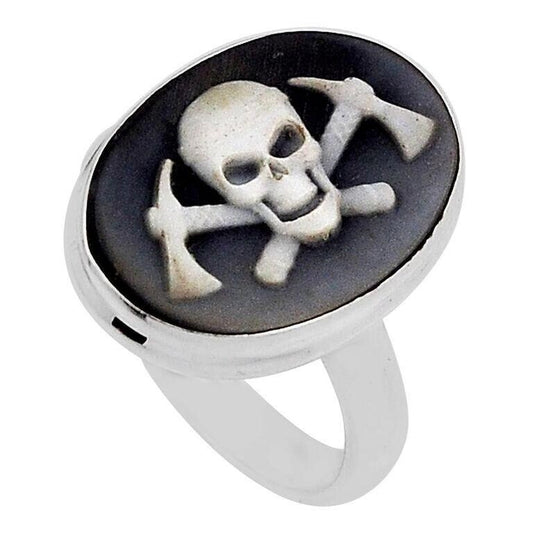 Sterling Silver Natural Oval 6.82ct White Skull & Cameo Ring Size 7.5