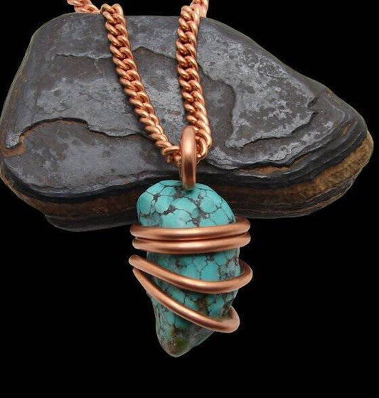 Gorgeous Hand Forged Natural Blue Turquoise Pendant Copper #104