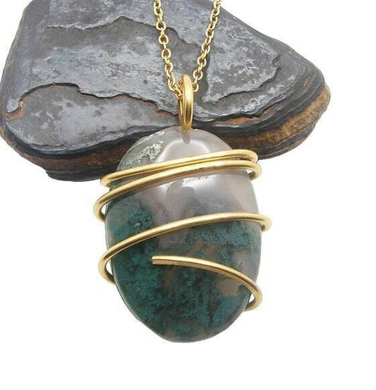 MOSS AGATE CRYSTAL PENDANT NECKLACE BRONZE #10