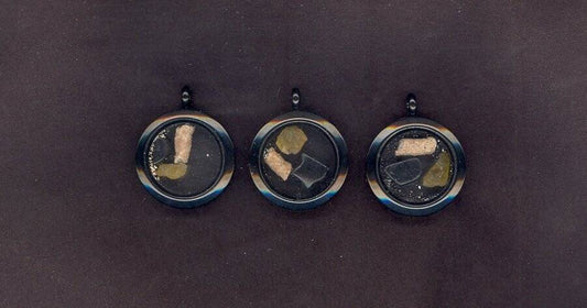 FULGURITE, TIBETAN JET AND HELIODOR STAINLESS STEEL AMULET PENDANT 25MM