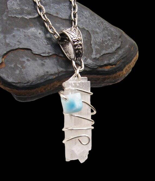 ONE LARIMAR SELENITE Wand Pendant Third Eye Crown Chakra Power Crystal #1