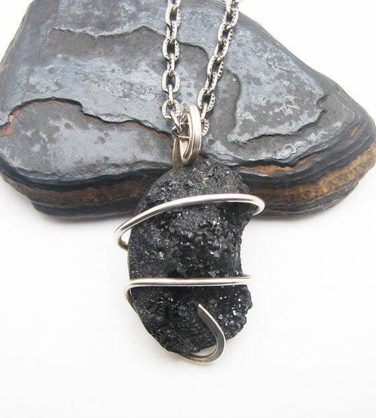 BRAZILIAN MIDNIGHT BLACK DRUZY DRUSY STERLING SILVER PENDANT #11
