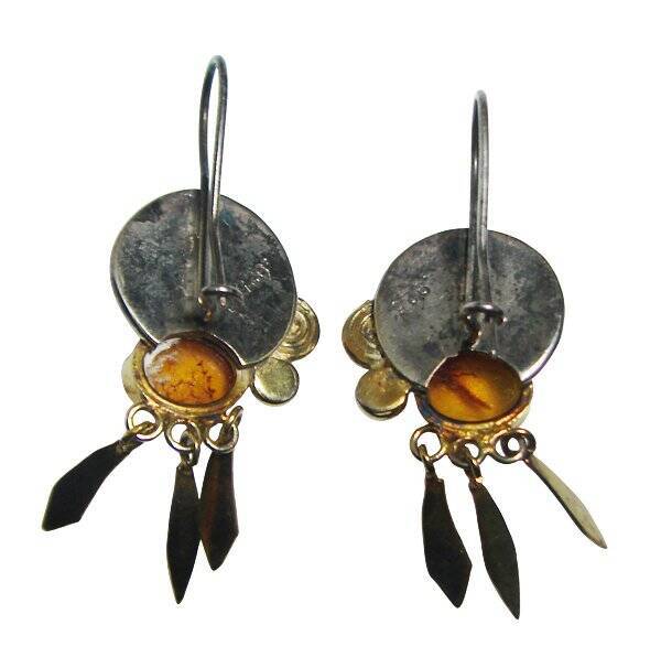 Collector's Vintage Silver Gold Gemstone Amber Shield Two Tone Earrings